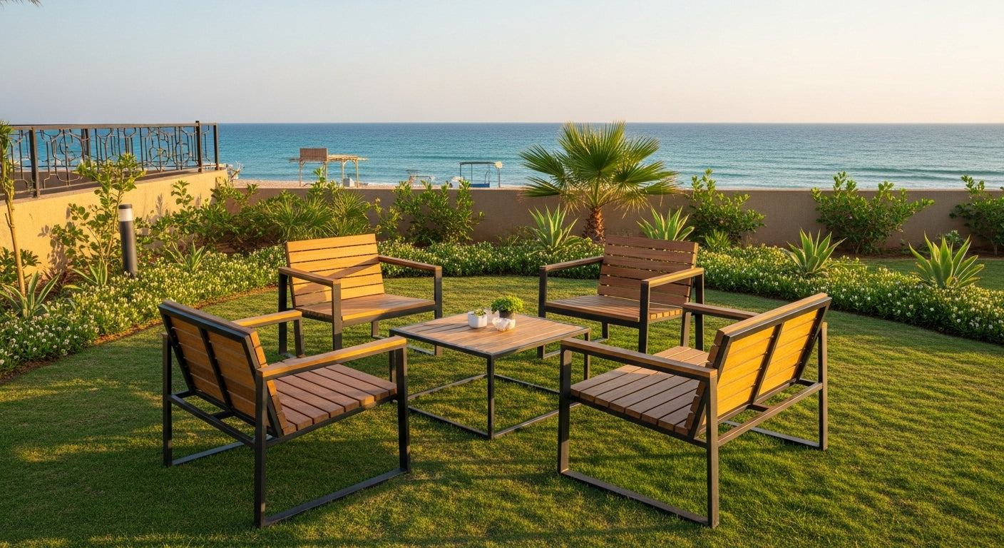 Outdoor patio set with chairs and table on a grassy area by the ocean.