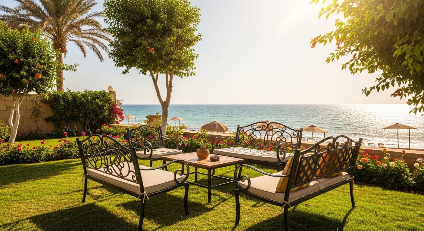 Outdoor patio set on a grassy area with ocean view