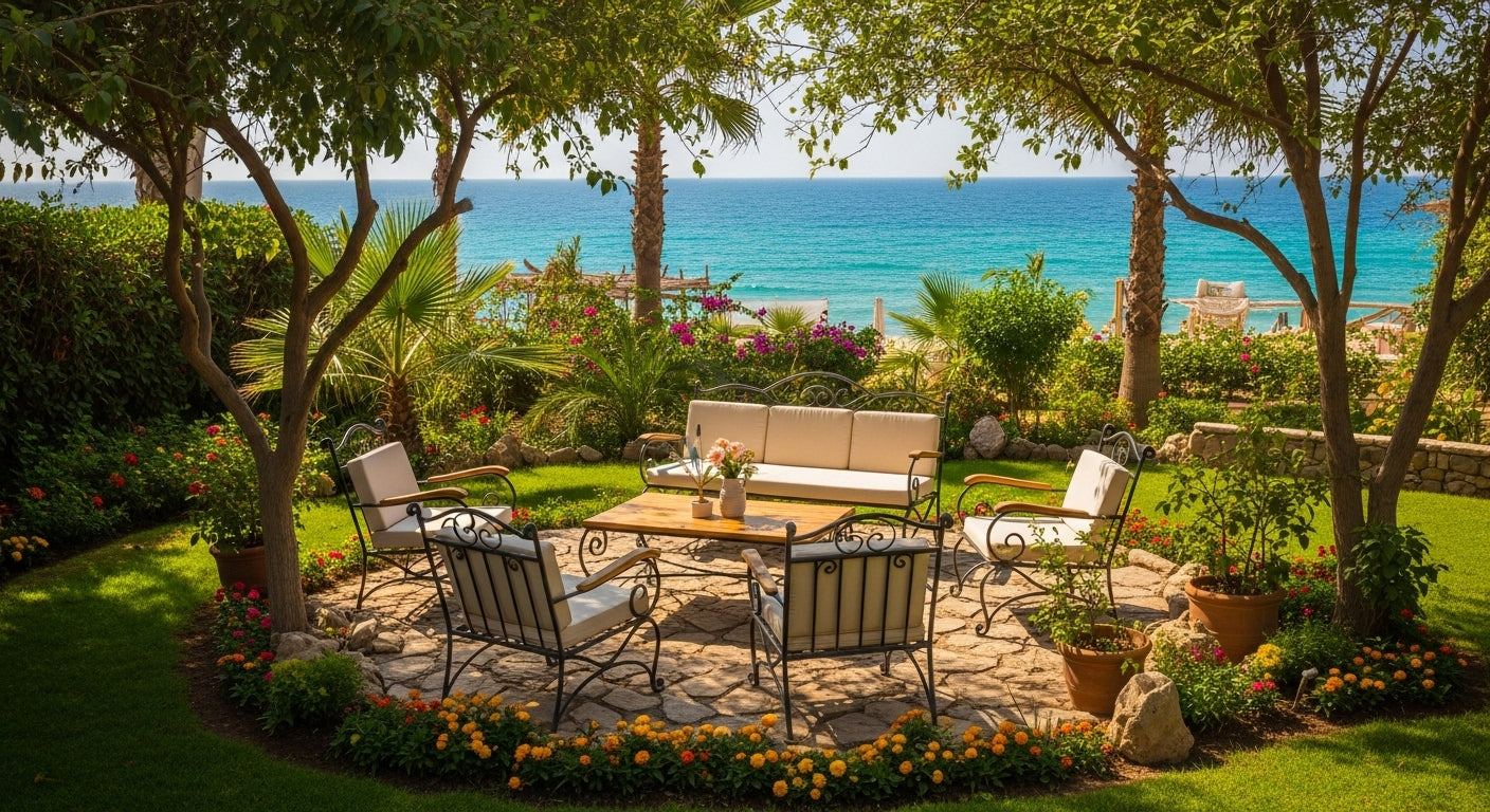 Outdoor patio area with chairs, table, and ocean view