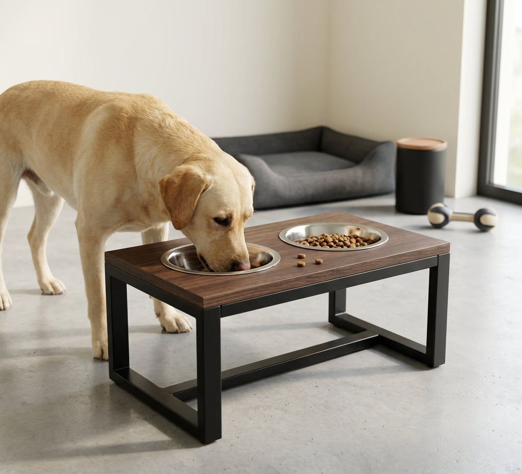 Dog drinking from a raised wooden pet feeder with a bowl on a concrete floor.