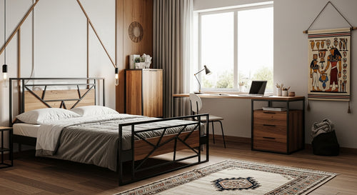 Modern bedroom with a bed, desk, and decor elements.