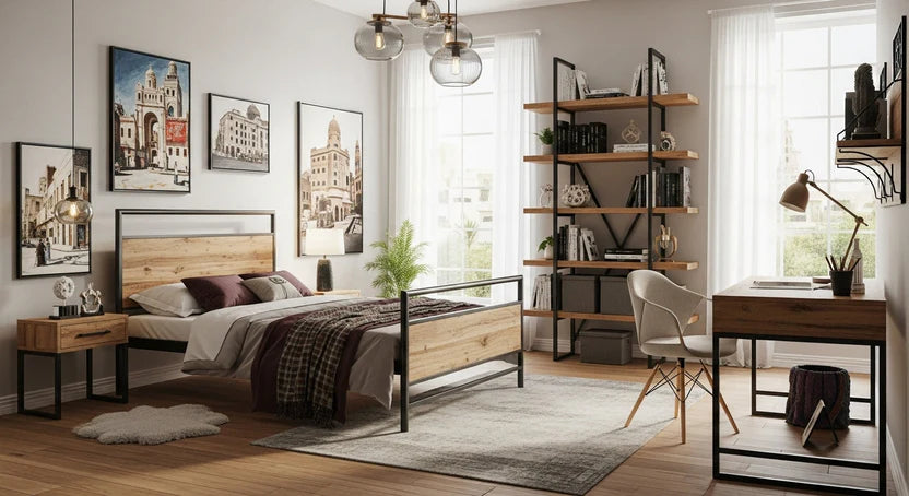 Modern bedroom with wooden bed, shelves, and desk.