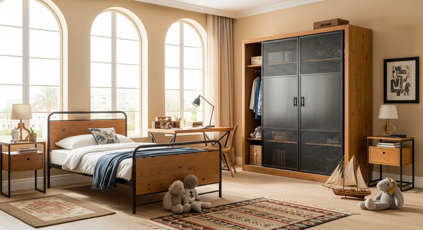 Modern bedroom with wooden bed, wardrobe, and desk.