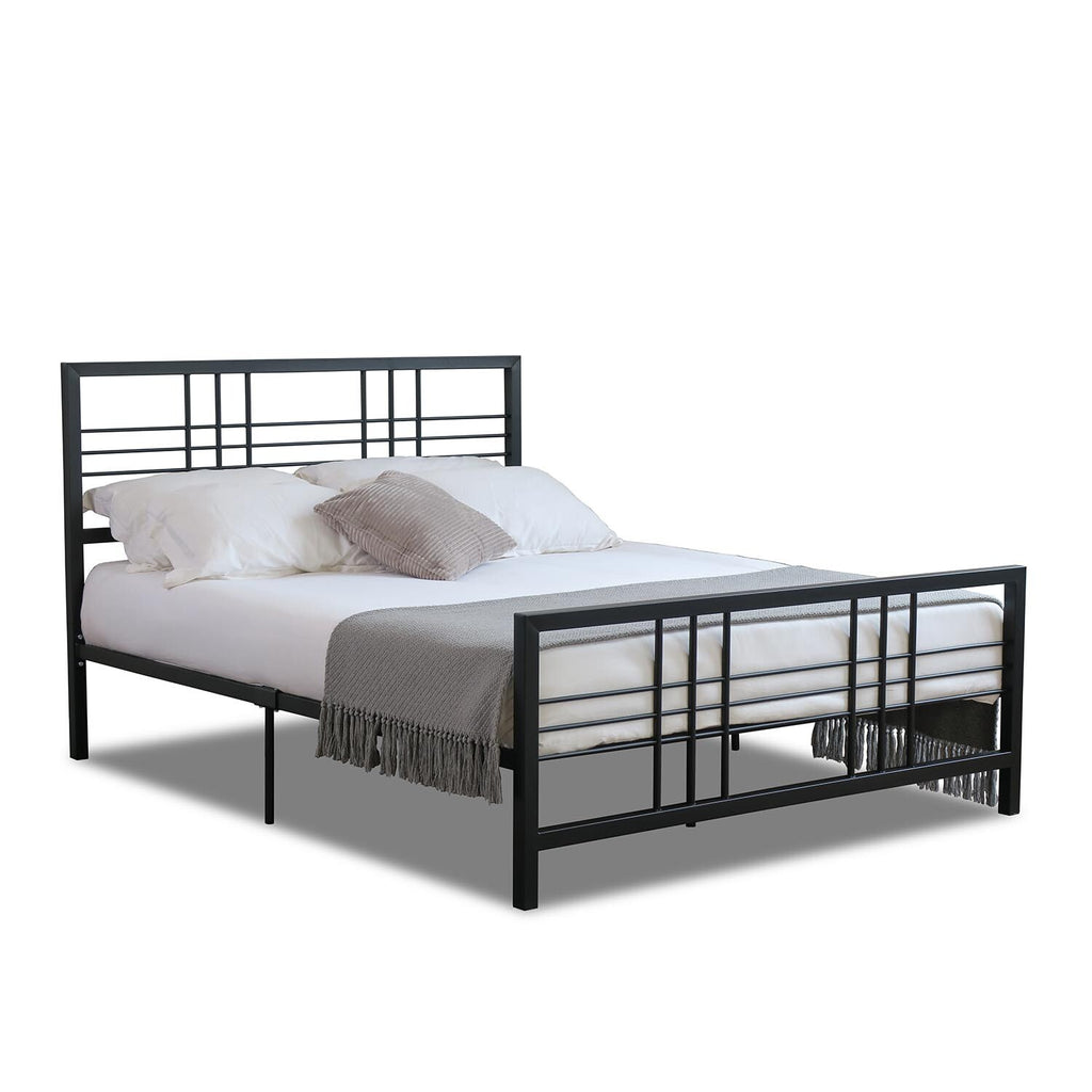 Black metal bed frame with white bedding and gray blanket on a white background