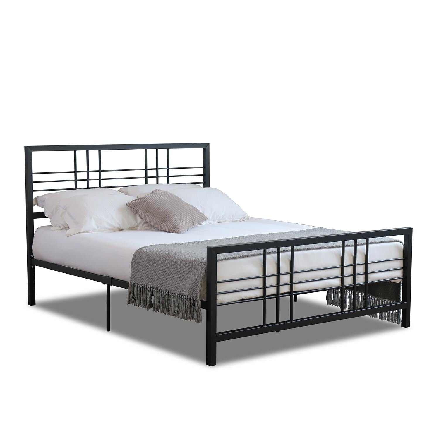 Black metal bed frame with white bedding and gray blanket on a white background