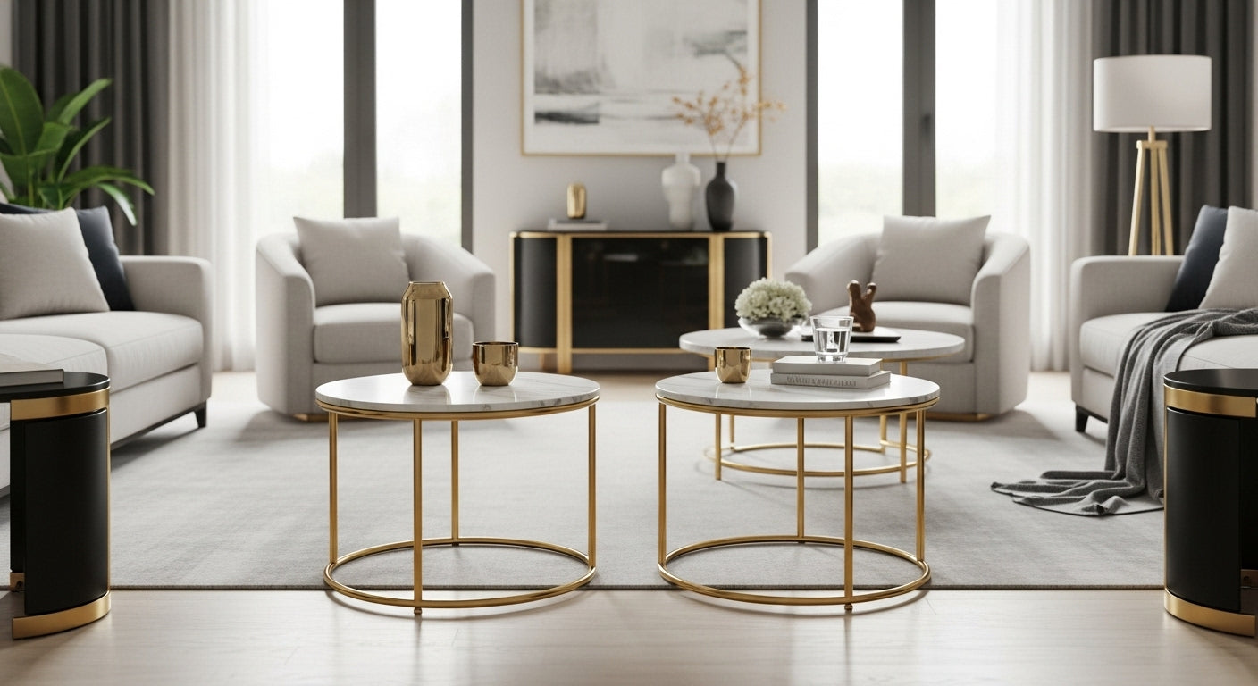 Modern living room with gray sofas, gold coffee tables, and decorative items.