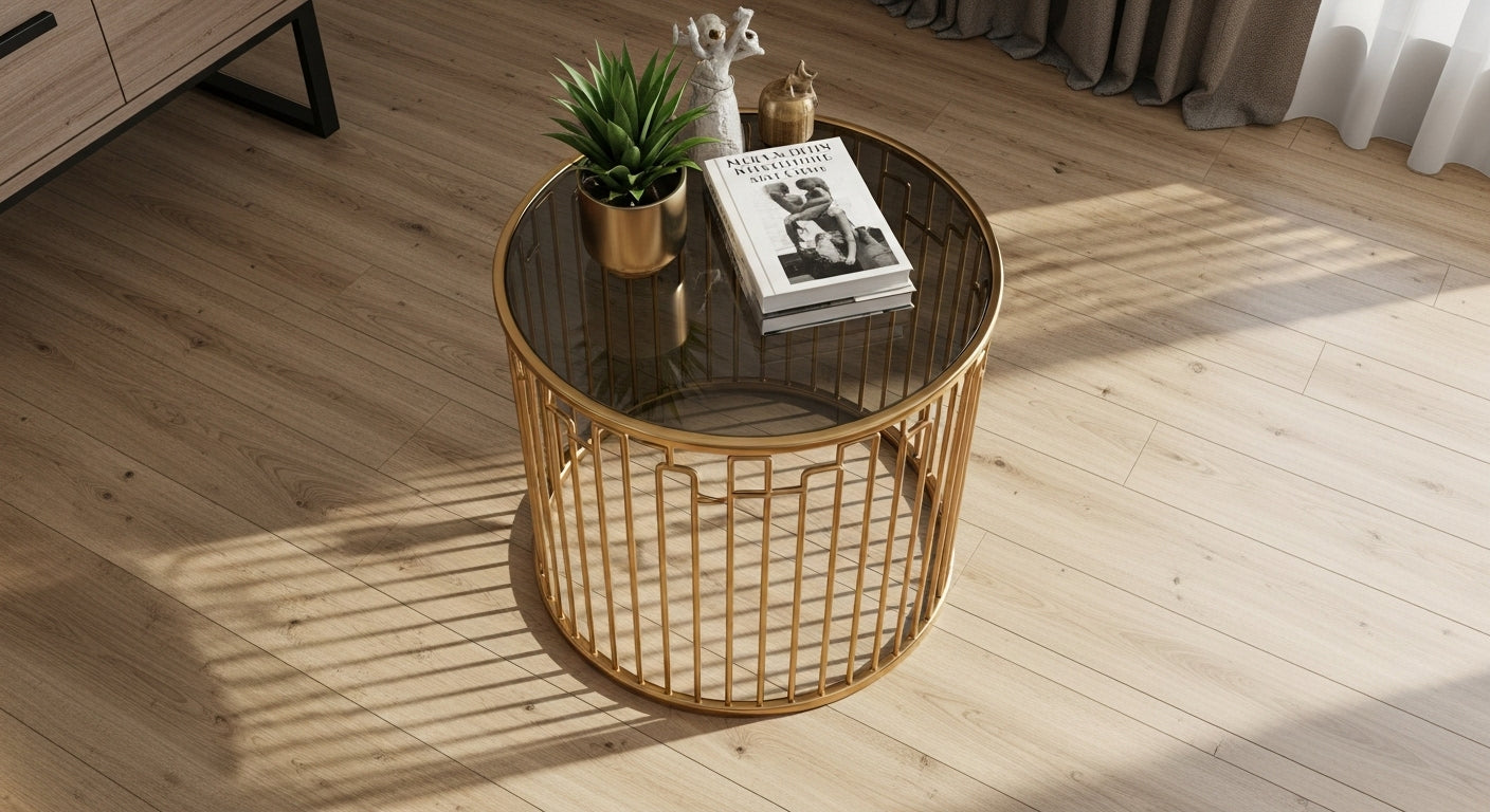 Gold wire side table with a plant and books on a wooden floor