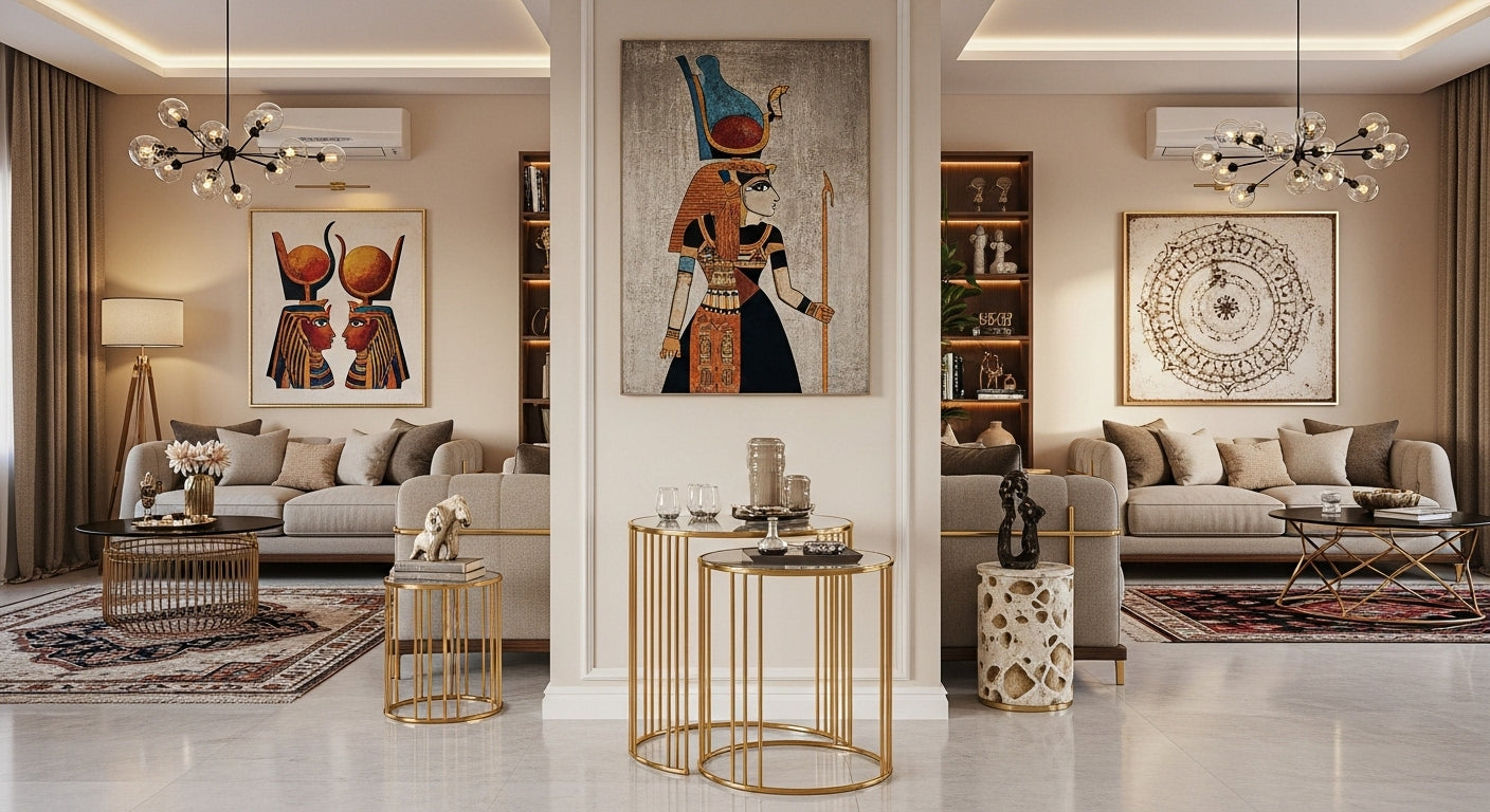 Luxurious living room with modern decor, including a large painting of an Egyptian goddess.