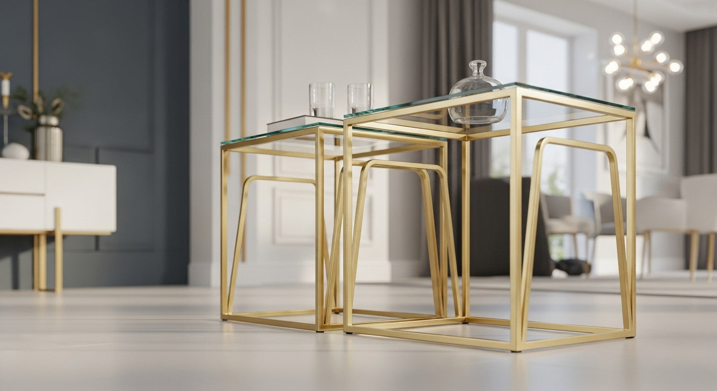 Gold-framed glass table in a modern living room setting