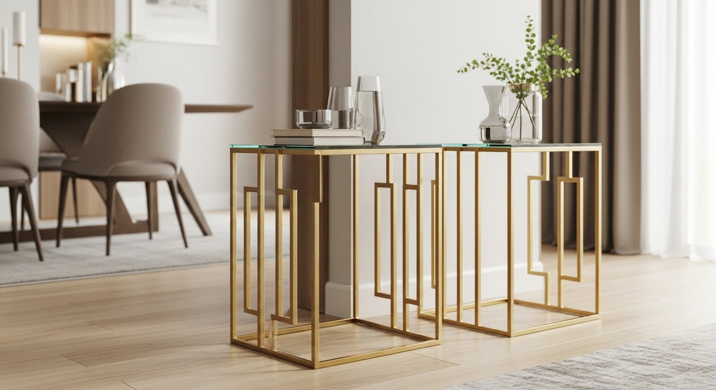 Gold side table with glass top in a modern living room setting