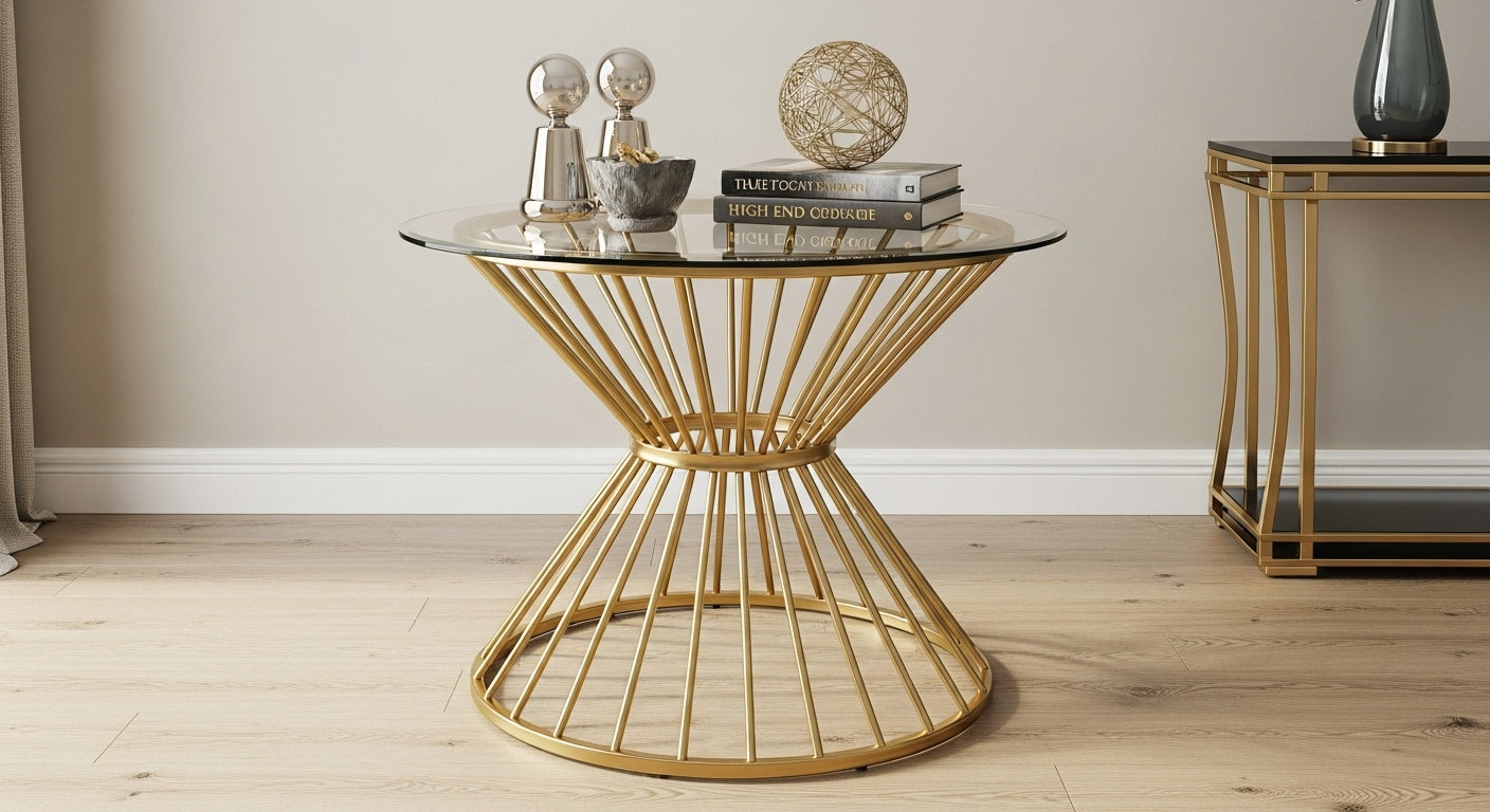 Gold wireframe side table with decorative items on a wooden floor.