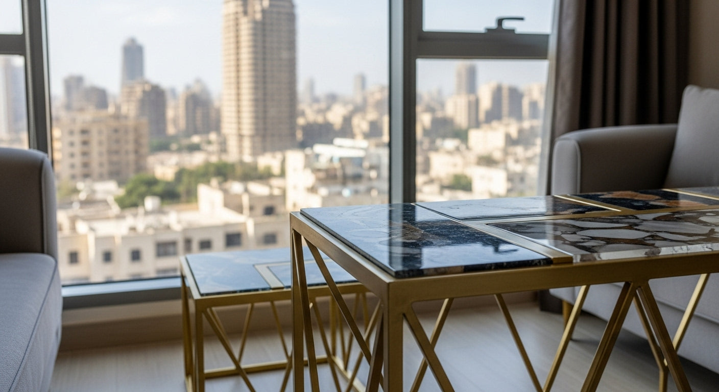 Modern dining area with marble table and chairs in a room with cityscape view
